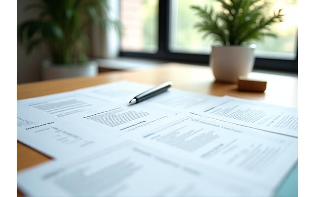 Kuvituskuva, jossa useita sopimusasiakirjoja, kynä ja vihreä kasvi pöydällä, symboloiden huolellisuutta ja ympäristöystävällisyyttä.